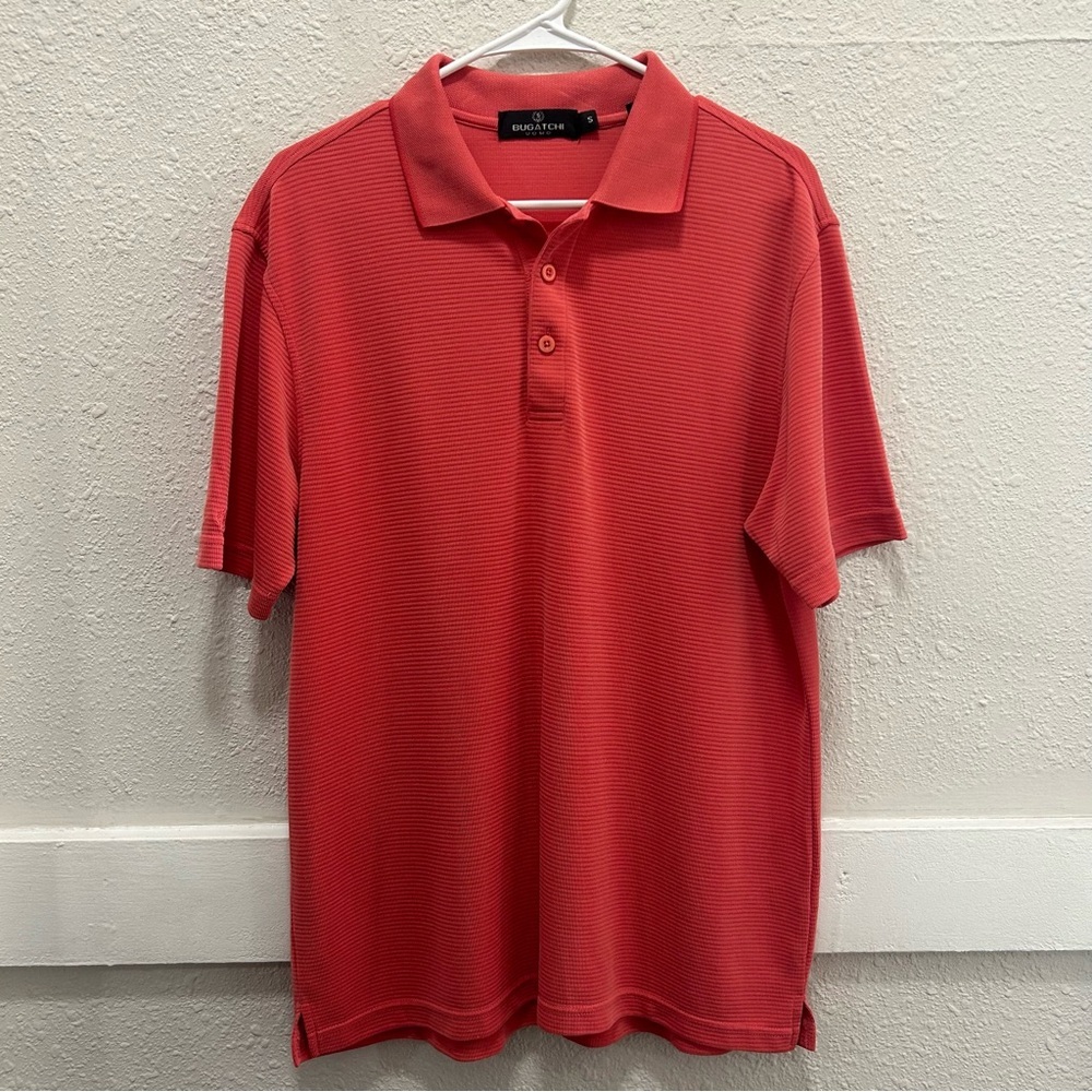 Bugatchi UOMO Orange/Red Textured Stripe Pattern Polo Small